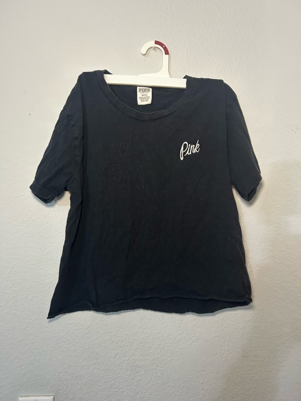 PINK Victoria's Secret Black Crop T-Shirt with White Script Logo